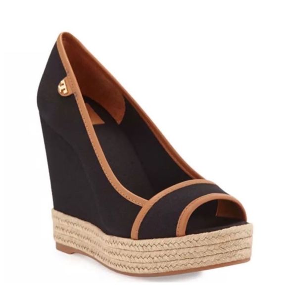 Tory Burch | Black Majorca Peep Toe Canvas Wedge | 9 - Picture 1 of 15